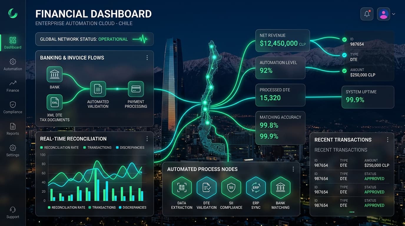 Plataforma de automatización inteligente de flujos financieros, conciliación bancaria y DTE para empresas en Chile
