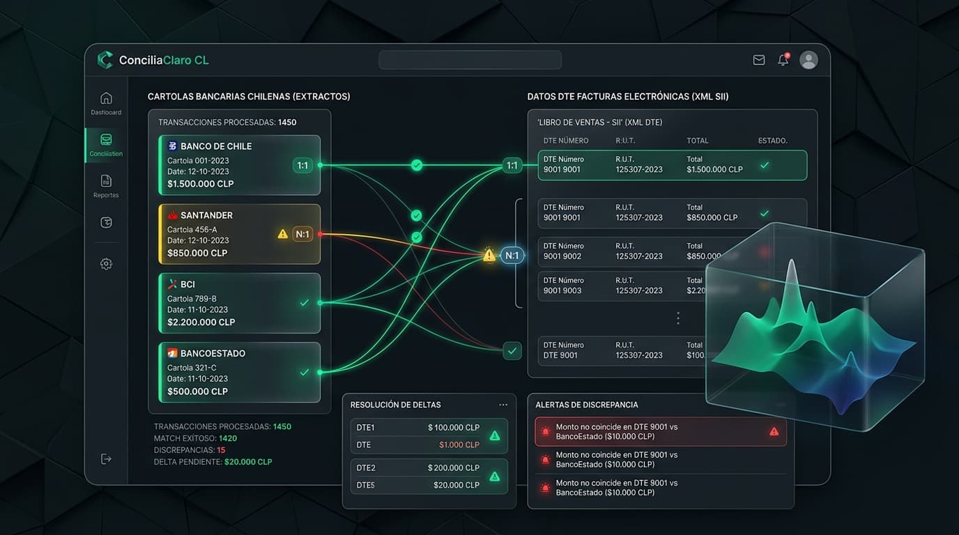 Diagrama de flujo del cruce automático de cartolas bancarias chilenas contra facturas electrónicas DTE del SII